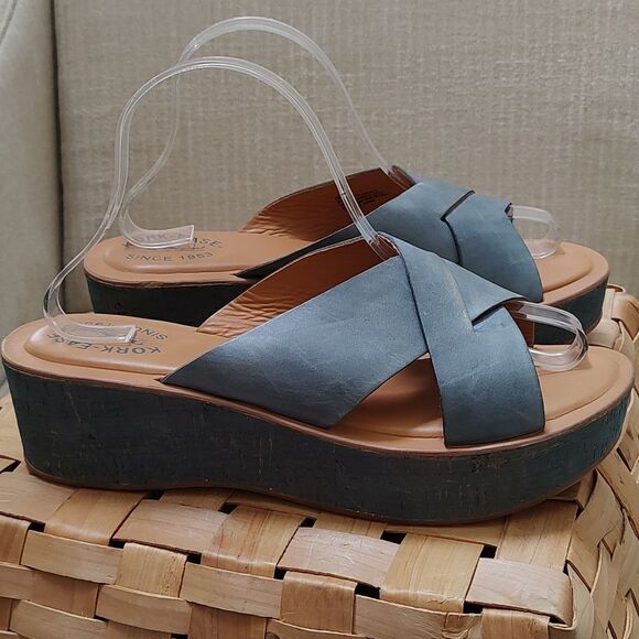 Kork-Ease Sabrina Blue Leather Criss Cross Platform Wedge Sandals - Picture 3 of 10